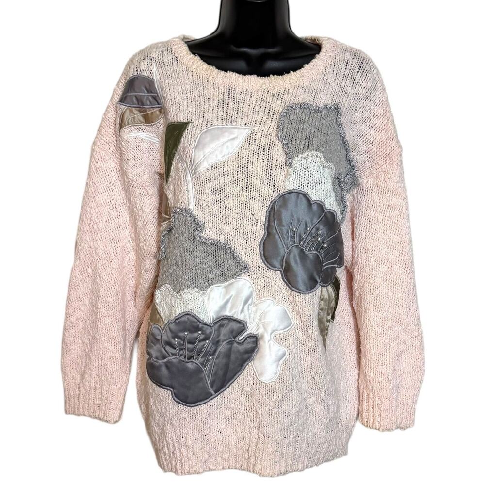 VINTAGE 1980S 1990S BONNIE & BILL FOR HOLLY PINK GRAY FLORAL APPLIQUÉ SWEATER M
